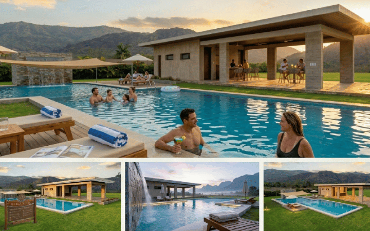 Alberca con cascada y chapoteadero en Bella Vista Ocozocoautla, con vista a las montañas de Chiapas