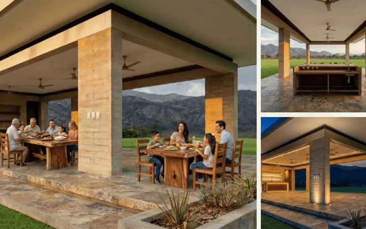 Terraza-salón con barra de servicio, mesas familiares y vista panorámica a las montañas de Chiapas