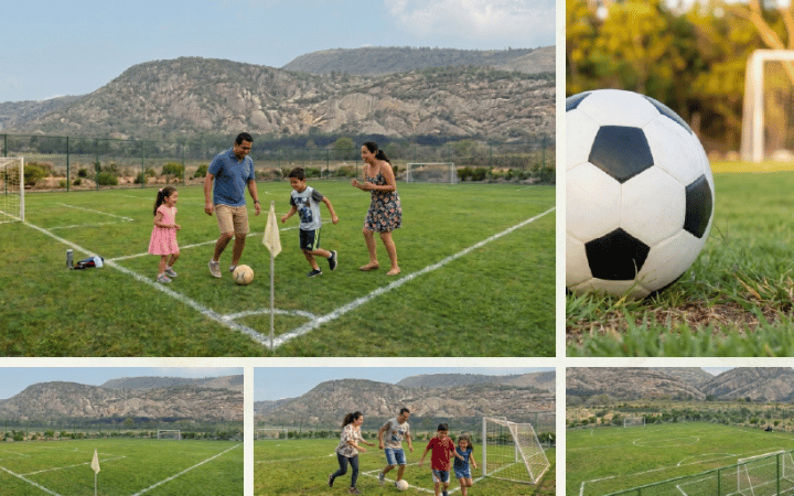 Mini cancha de fútbol con familia jugando y vista a las montañas de Ocozocoautla, Chiapas